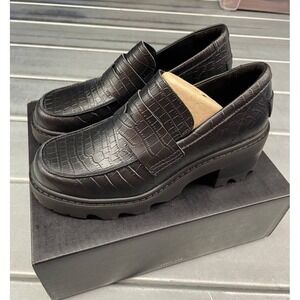 Sorel Joan Now City Loafer Womens 9 Black Leather Croc Embossed Heeled